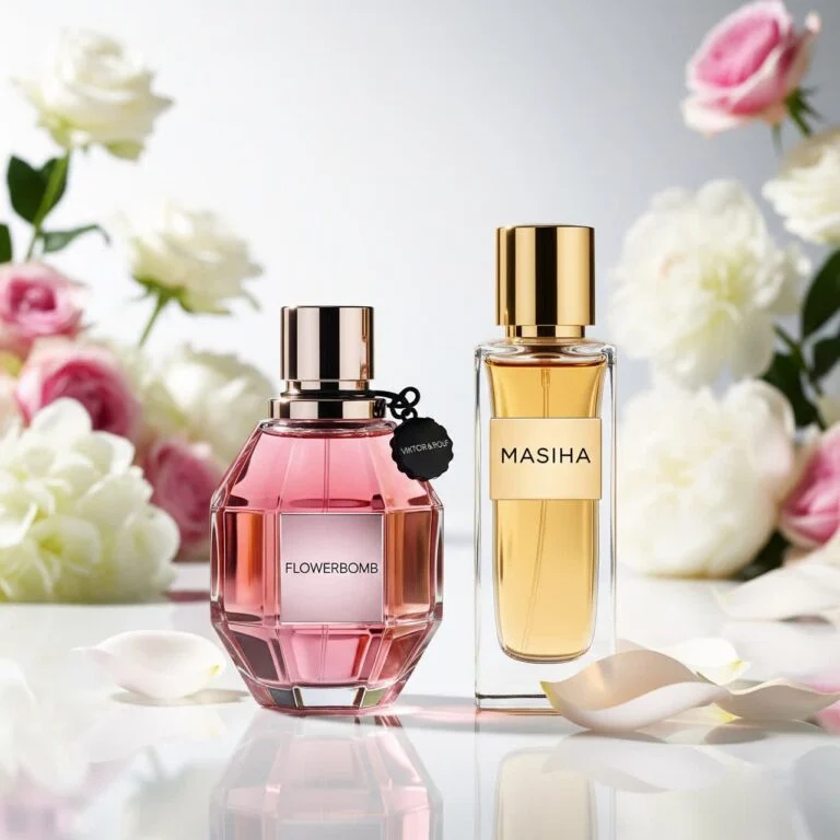 عطر فلاور بمب کنار شیشه عطر مسیحا