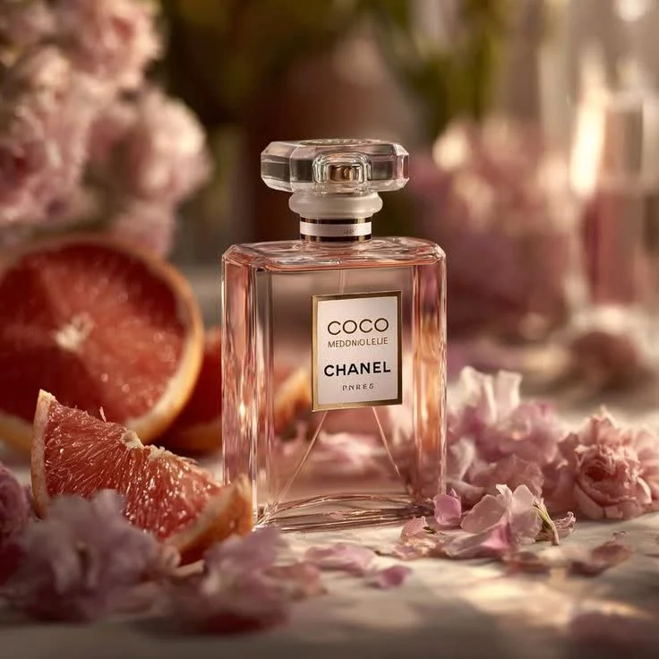 عطر کوکوشنل کنار چندین گل صورتی و پرتقال